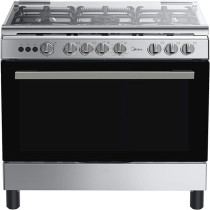 Midea 90 x 60cm Freestanding Cooker, Full Gas Cooking Range With 5 Burners, Automatic Ignition And Full Safety, Cast Iron Pan Support, Stainless Steel Finish, Separate Knob for Oven And Grill, LME95028FFD