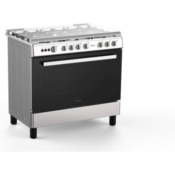Midea 90 x 60cm Freestanding Cooker, Full Gas Cooking Range With 5 Burners, Automatic Ignition And Full Safety, Cast Iron Pan Support, Stainless Steel Finish, Separate Knob for Oven And Grill, LME95028FFD
