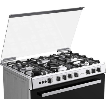 Midea 90 x 60cm Freestanding Cooker, Full Gas Cooking Range With 5 Burners, Automatic Ignition And Full Safety, Cast Iron Pan Support, Stainless Steel Finish, Separate Knob for Oven And Grill, LME95028FFD