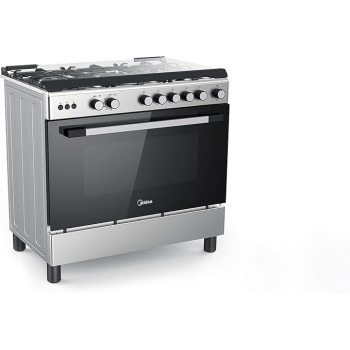 Midea 90x60cm Stainless Steel Freestanding Cooker, Full Gas Cooking Range with Sabaf Italian Burners & Automatic Ignition, Oven Grill Convection & Rotisserie, Cast Iron Pan Support, LME95030FFD-C