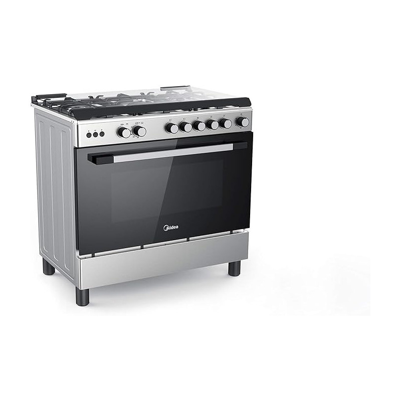Midea 90x60cm Stainless Steel Freestanding Cooker, Full Gas Cooking Range with Sabaf Italian Burners & Automatic Ignition, Oven Grill Convection & Rotisserie, Cast Iron Pan Support, LME95030FFD-C