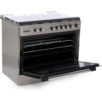 Midea 90x60cm Stainless Steel Freestanding Cooker, Full Gas Cooking Range with Sabaf Italian Burners & Automatic Ignition, Oven Grill Convection & Rotisserie, Cast Iron Pan Support, LME95030FFD-C