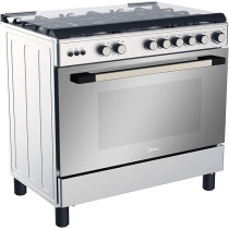 Midea 90x60cm Stainless Steel Freestanding Cooker, Full Gas Cooking Range with Sabaf Italian Burners & Automatic Ignition, Oven Grill Convection & Rotisserie, Cast Iron Pan Support, LME95030FFD-C