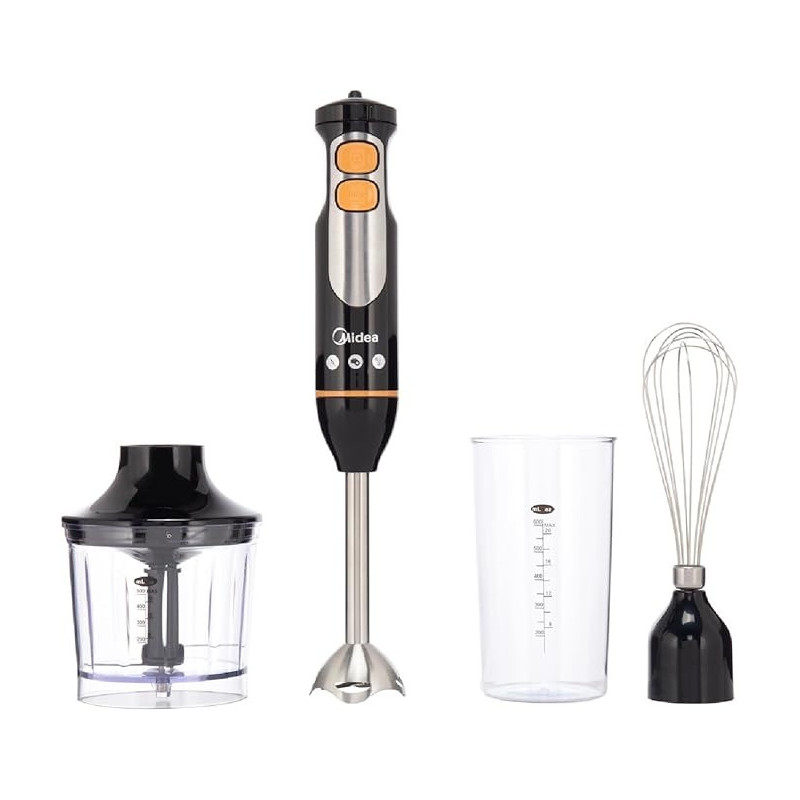 Midea 4-in-1 Hand Blender Chopper And Whisk, Multifunctional Blender with Stainless Steel Blade, 600W Powerful With DC Motor, Low Noise, Variable Speed for Soups-Smoothie-Chopping, Turbo Speed, MJBH6001W