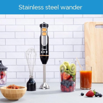 Midea 4-in-1 Hand Blender Chopper And Whisk, Multifunctional Blender with Stainless Steel Blade, 600W Powerful With DC Motor, Low Noise, Variable Speed for Soups-Smoothie-Chopping, Turbo Speed, MJBH6001W