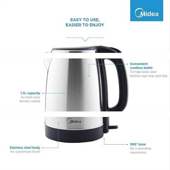 Midea 1.7L Stainless Steel Electric Kettle, 2200W Cordless 360 Degree Swivel Base, Power Cord Storage, Auto Cut-off Function, One Touch Lid Opening, Best for Home, Kitchen and Office, MK17S32A2