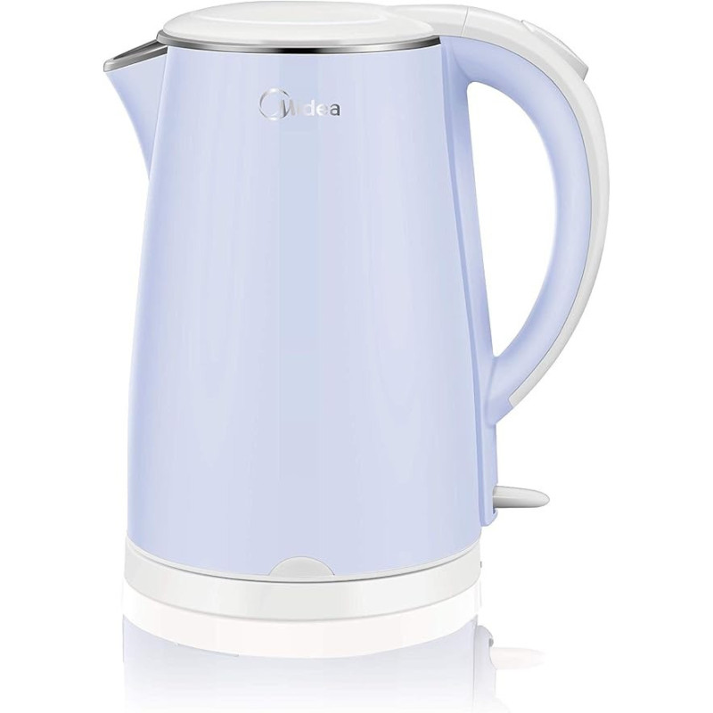 Midea 1.7L Stainless Steel Electric Kettle, 2200W Cordless Kettle, 360 Degree Swivel Base, Double Wall Cool Touch Body, Power Cord Storage, Auto Cut-off Function, One Touch Lid Opening, Light Blue, MKHJ1705B