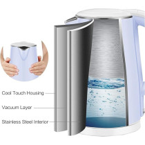 Midea 1.7L Stainless Steel Electric Kettle, 2200W Cordless Kettle, 360 Degree Swivel Base, Double Wall Cool Touch Body, Power Cord Storage, Auto Cut-off Function, One Touch Lid Opening, Light Blue, MKHJ1705B