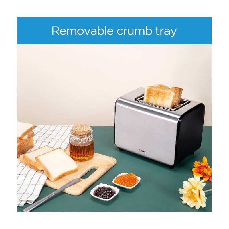 Midea Toaster 2 Slots, 950W With Adjustable Browning Control, Removable Crumb Tray, Automatic Pop Up, Defrost, Cancel,Warm, Auto Power Cut Off Function, 7 Level Settings, MTRW2L20W