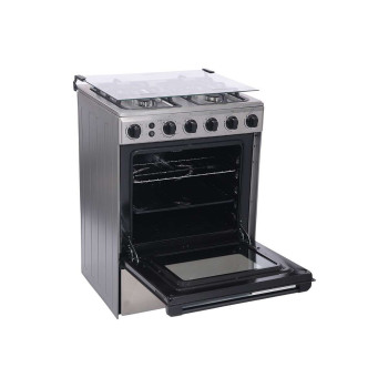 Midea 60 x 60cm Freestanding Cooker, Full Gas Cooking Range With 4 Burners, Automatic Ignition And Safety, Cast Iron Pan Support, Stainless Steel Finish, BME62058FFD-D