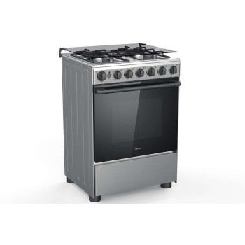 Midea 60 x 60cm Freestanding Cooker, Full Gas Cooking Range With 4 Burners, Automatic Ignition And Safety, Cast Iron Pan Support, Stainless Steel Finish, BME62058FFD-D