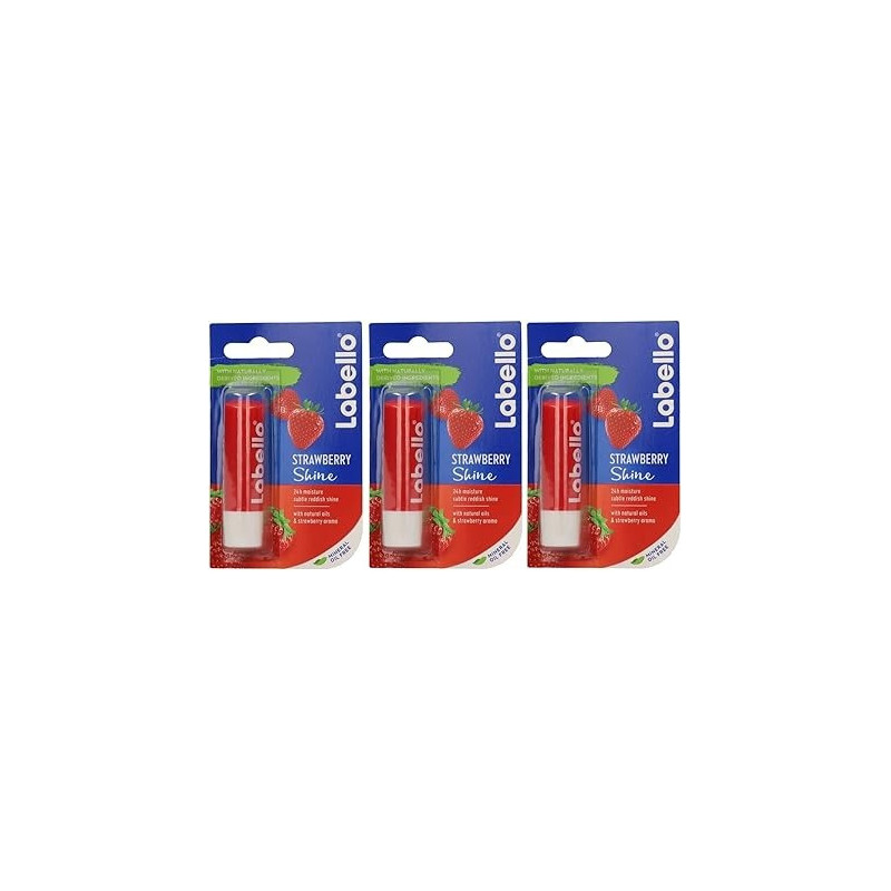 Labello Strawberry Shine 24 Hour Moisture Subtle Reddish Shine With Natural Oil Lip Balm, Pack Of 3