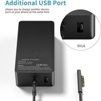 Runpower 65W 15V 4A Surface Book AC Adapter Charger Fit For Microsoft Model 1706 Tablet Power Supply Jack 6Ft Cord With USB, Black