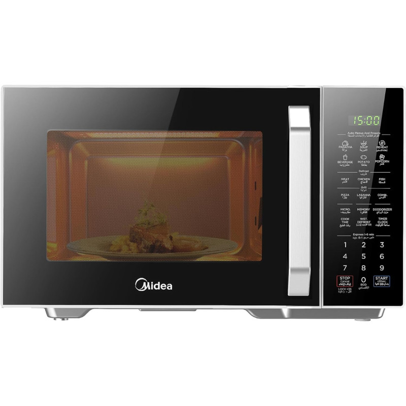 Midea 29L 2-in-1 Microwave Oven with Grill, Digital Touch Control, Child-Safety-Lock, 11 Pre-programmed Menus, LED Display, Grilling Roasting And Cooking Functions, Full Glass Finish, EG9P032MX
