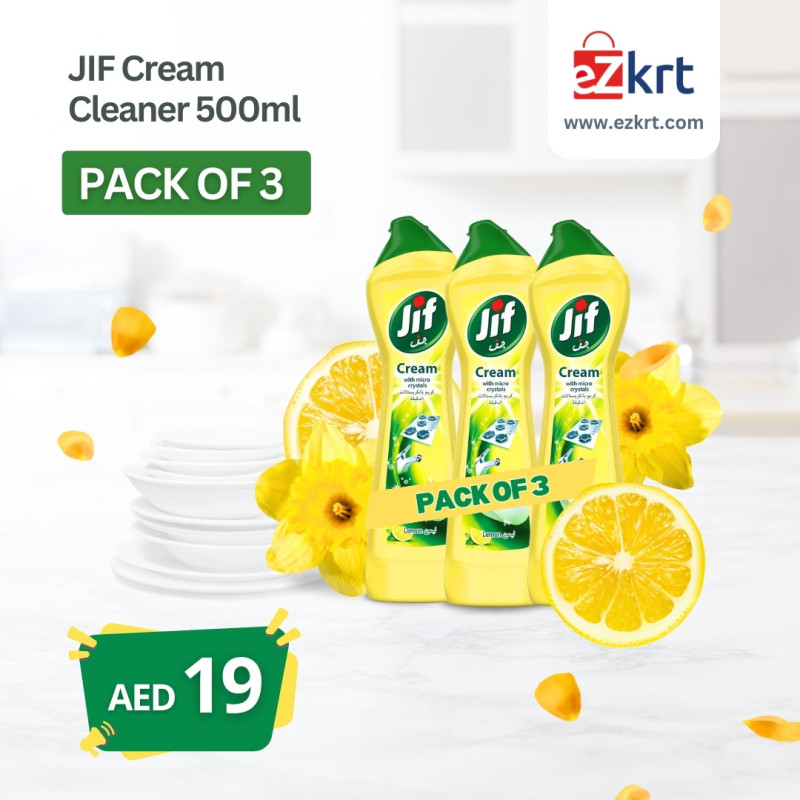 JIF Cream Cleaner, with micro crystals technology, Lemon, eliminates grease, burnt food and limescale stains, 3 x 500ml