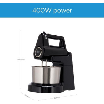 Midea Stand Mixer Hand Mixer, 400W With 2L Stainless Steel Rotary Bowl, 5 Speeds Plus Turbo Button, Twin Stainless Steel Kneader And Beater For Mixing, Whipping, Whisking, Kneading, HM0293A