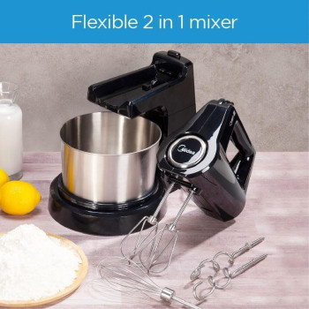 Midea Stand Mixer Hand Mixer, 400W With 2L Stainless Steel Rotary Bowl, 5 Speeds Plus Turbo Button, Twin Stainless Steel Kneader And Beater For Mixing, Whipping, Whisking, Kneading, HM0293A