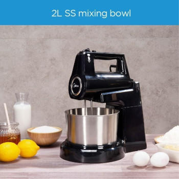 Midea Stand Mixer Hand Mixer, 400W With 2L Stainless Steel Rotary Bowl, 5 Speeds Plus Turbo Button, Twin Stainless Steel Kneader And Beater For Mixing, Whipping, Whisking, Kneading, HM0293A