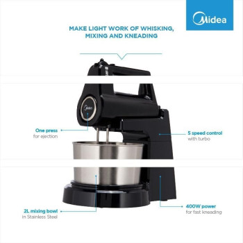Midea Stand Mixer Hand Mixer, 400W With 2L Stainless Steel Rotary Bowl, 5 Speeds Plus Turbo Button, Twin Stainless Steel Kneader And Beater For Mixing, Whipping, Whisking, Kneading, HM0293A