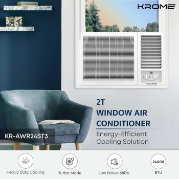 KROME 2 Ton Window Air Conditioner, 24000 BTU, R410a Gas,Rotary compressor, Energy Efficient, Low Noise, Maximum Cooling, Mechanical Control,Turbo Mode, White, KR-AWR24ST3