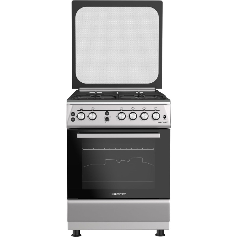 KROME 60 x 60cm Free Standing Cooker, Cast Iron, Gas Oven, Full Gas Ignition with 4 Burners, Stainless Steel Cooking Range, Double Knob Control, Inox, KR-CR 606KF