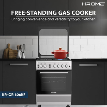 KROME 60 x 60cm Free Standing Cooker, Cast Iron, Gas Oven, Full Gas Ignition with 4 Burners, Stainless Steel Cooking Range, Double Knob Control, Inox, KR-CR 606KF