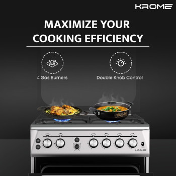 KROME 60 x 60cm Free Standing Cooker, Cast Iron, Gas Oven, Full Gas Ignition with 4 Burners, Stainless Steel Cooking Range, Double Knob Control, Inox, KR-CR 606KF