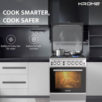 KROME 60 x 60cm Free Standing Cooker, Cast Iron, Gas Oven, Full Gas Ignition with 4 Burners, Stainless Steel Cooking Range, Double Knob Control, Inox, KR-CR 606KF