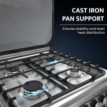 KROME 60 x 60cm Free Standing Cooker, Cast Iron, Gas Oven, Full Gas Ignition with 4 Burners, Stainless Steel Cooking Range, Double Knob Control, Inox, KR-CR 606KF