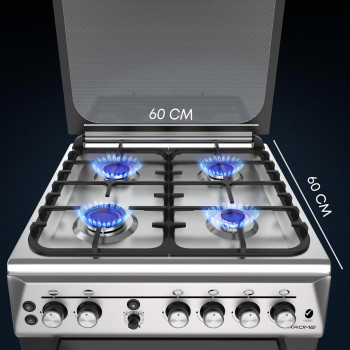 KROME 60 x 60cm Free Standing Cooker, Cast Iron, Gas Oven, Full Gas Ignition with 4 Burners, Stainless Steel Cooking Range, Double Knob Control, Inox, KR-CR 606KF
