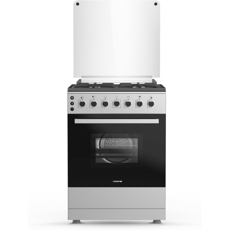 KROME 60 x 60cm Free Standing Cooker, Cast Iron, Gas Oven, Full Gas Ignition with 4 Burners, Stainless Steel Cooking Range, Double Burners in Oven, Full Safety, INOX, KR-CR606O