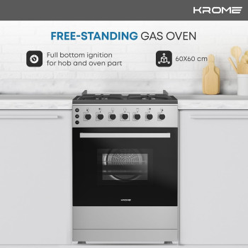 KROME 60 x 60cm Free Standing Cooker, Cast Iron, Gas Oven, Full Gas Ignition with 4 Burners, Stainless Steel Cooking Range, Double Burners in Oven, Full Safety, INOX, KR-CR606O