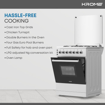 KROME 60 x 60cm Free Standing Cooker, Cast Iron, Gas Oven, Full Gas Ignition with 4 Burners, Stainless Steel Cooking Range, Double Burners in Oven, Full Safety, INOX, KR-CR606O