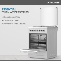 KROME 60 x 60cm Free Standing Cooker, Cast Iron, Gas Oven, Full Gas Ignition with 4 Burners, Stainless Steel Cooking Range, Double Burners in Oven, Full Safety, INOX, KR-CR606O