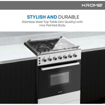 KROME 60 x 60cm Free Standing Cooker, Cast Iron, Gas Oven, Full Gas Ignition with 4 Burners, Stainless Steel Cooking Range, Double Burners in Oven, Full Safety, INOX, KR-CR606O