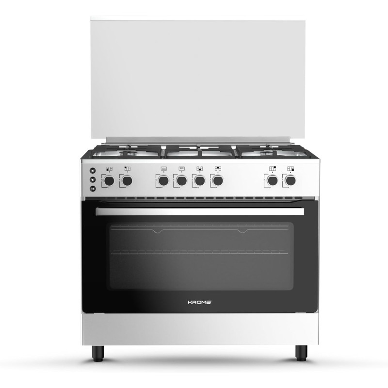 KROME 90 x 60cm Free Standing Cooker, Gas Oven, Full Gas Ignition With 5 Burners, Double Knob Control, Stainless Steel Cooking Range, Double Oven Lamps, Full Safety, INOX, KR-CR906O
