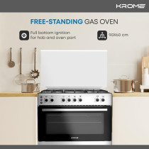 KROME 90 x 60cm Free Standing Cooker, Gas Oven, Full Gas Ignition With 5 Burners, Double Knob Control, Stainless Steel Cooking Range, Double Oven Lamps, Full Safety, INOX, KR-CR906O