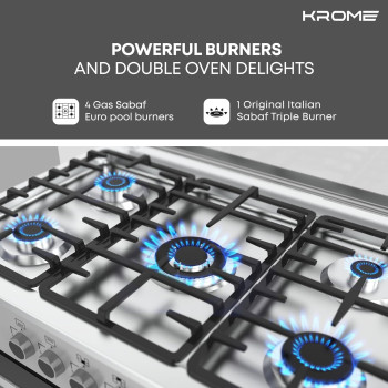 KROME 90 x 60cm Free Standing Cooker, Gas Oven, Full Gas Ignition With 5 Burners, Double Knob Control, Stainless Steel Cooking Range, Double Oven Lamps, Full Safety, INOX, KR-CR906O