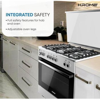 KROME 90 x 60cm Free Standing Cooker, Gas Oven, Full Gas Ignition With 5 Burners, Double Knob Control, Stainless Steel Cooking Range, Double Oven Lamps, Full Safety, INOX, KR-CR906O