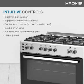 KROME 90 x 60cm Free Standing Cooker, Gas Oven, Full Gas Ignition With 5 Burners, Double Knob Control, Stainless Steel Cooking Range, Double Oven Lamps, Full Safety, INOX, KR-CR906O