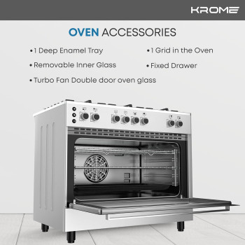 KROME 90 x 60cm Free Standing Cooker, Gas Oven, Full Gas Ignition With 5 Burners, Double Knob Control, Stainless Steel Cooking Range, Double Oven Lamps, Full Safety, INOX, KR-CR906O