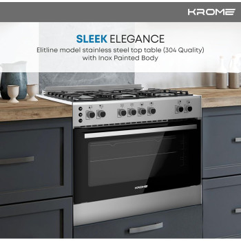 KROME 90 x 60cm Free Standing Cooker, Gas Oven, Full Gas Ignition With 5 Burners, Double Knob Control, Stainless Steel Cooking Range, Double Oven Lamps, Full Safety, INOX, KR-CR906O