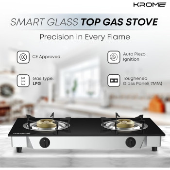 Krome Gas Stove 2 Burner Cast Iron, Double Brass Burners, KR-GGFC2070