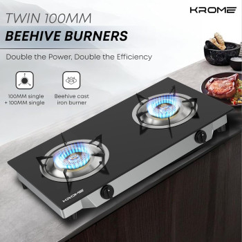 Krome Gas Stove 2 Burner Cast Iron, Double Brass Burners, KR-GGFC2070