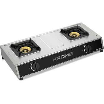 Krome Gas Stove 2 Burners, Auto Ignition, Double Brass Burners, 100MM Brass Burner Cap, LPG Kitchen Cooktop, Cast Iron Burner, Enamel Square Pan Support, Stainless Steel Body, KR-GSC2041