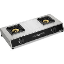Krome Gas Stove 2 Burners, Auto Ignition, Double Brass Burners, 100MM Brass Burner Cap, LPG Kitchen Cooktop, Cast Iron Burner, Enamel Square Pan Support, Stainless Steel Body, KR-GSC2041