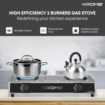 Krome Gas Stove 2 Burners, Auto Ignition, Double Brass Burners, 100MM Brass Burner Cap, LPG Kitchen Cooktop, Cast Iron Burner, Enamel Square Pan Support, Stainless Steel Body, KR-GSC2041