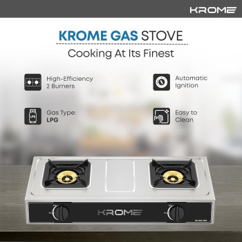 Krome Gas Stove 2 Burners, Auto Ignition, Double Brass Burners, 100MM Brass Burner Cap, LPG Kitchen Cooktop, Cast Iron Burner, Enamel Square Pan Support, Stainless Steel Body, KR-GSC2041