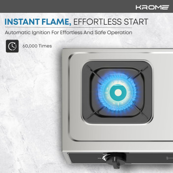 Krome Gas Stove 2 Burners, Auto Ignition, Double Brass Burners, 100MM Brass Burner Cap, LPG Kitchen Cooktop, Cast Iron Burner, Enamel Square Pan Support, Stainless Steel Body, KR-GSC2041