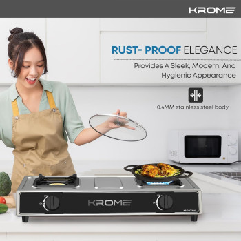 Krome Gas Stove 2 Burners, Auto Ignition, Double Brass Burners, 100MM Brass Burner Cap, LPG Kitchen Cooktop, Cast Iron Burner, Enamel Square Pan Support, Stainless Steel Body, KR-GSC2041